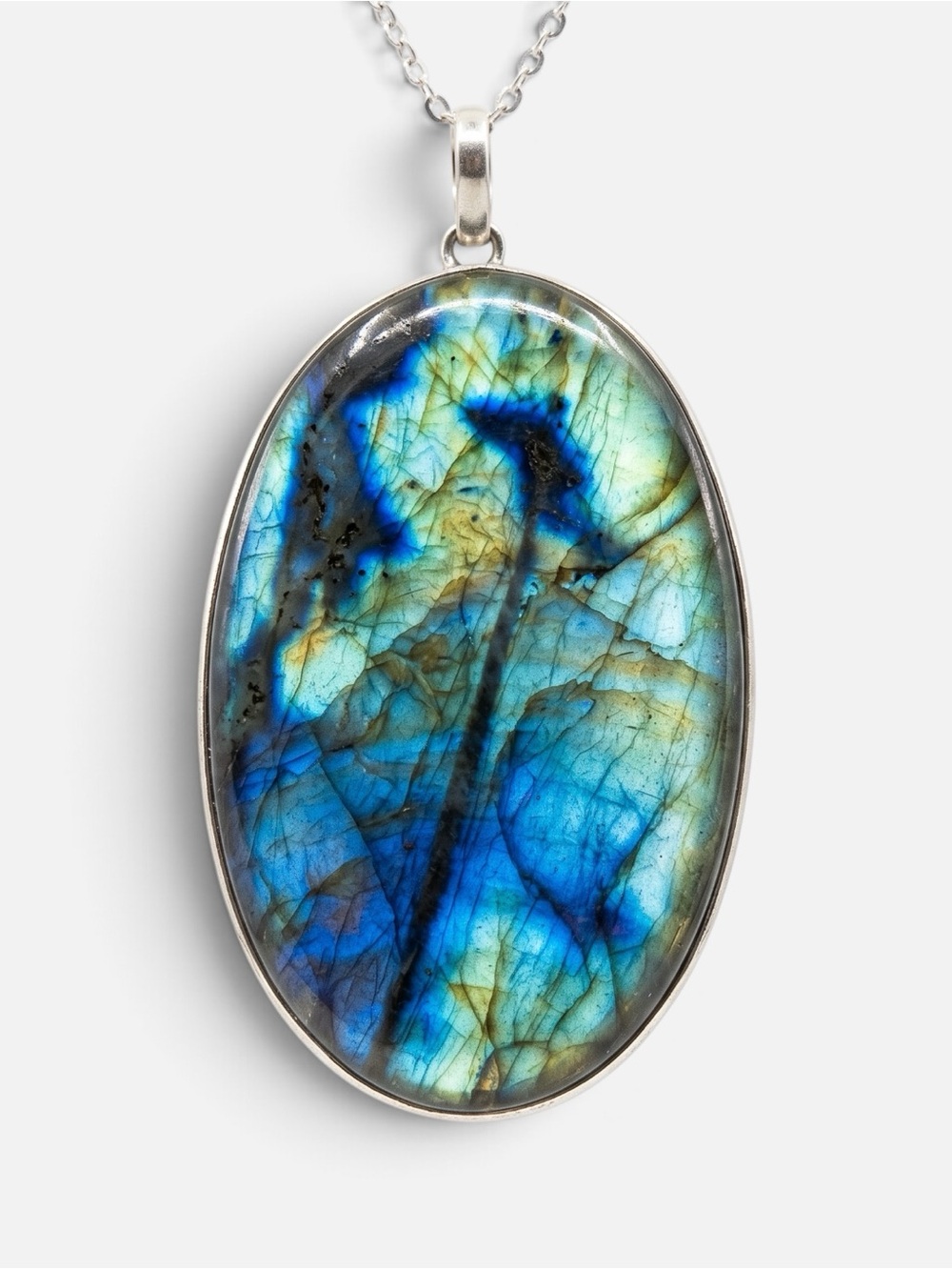 Oval Labradorite Pendant Necklace in Blue-Green on Silver Chain